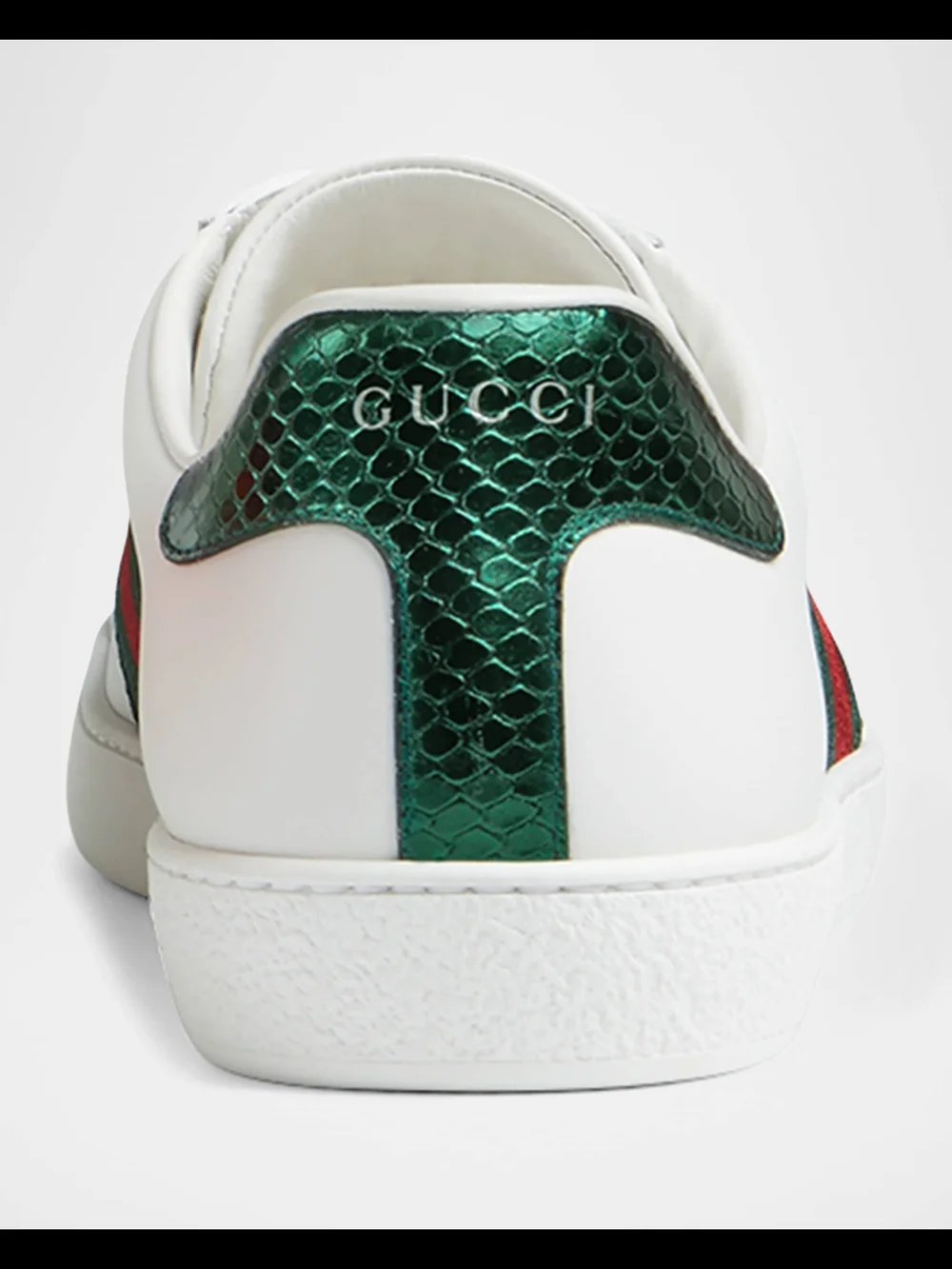 Gucci Men’s White Leather Ace Sneaker with Green-Red Web and Bee